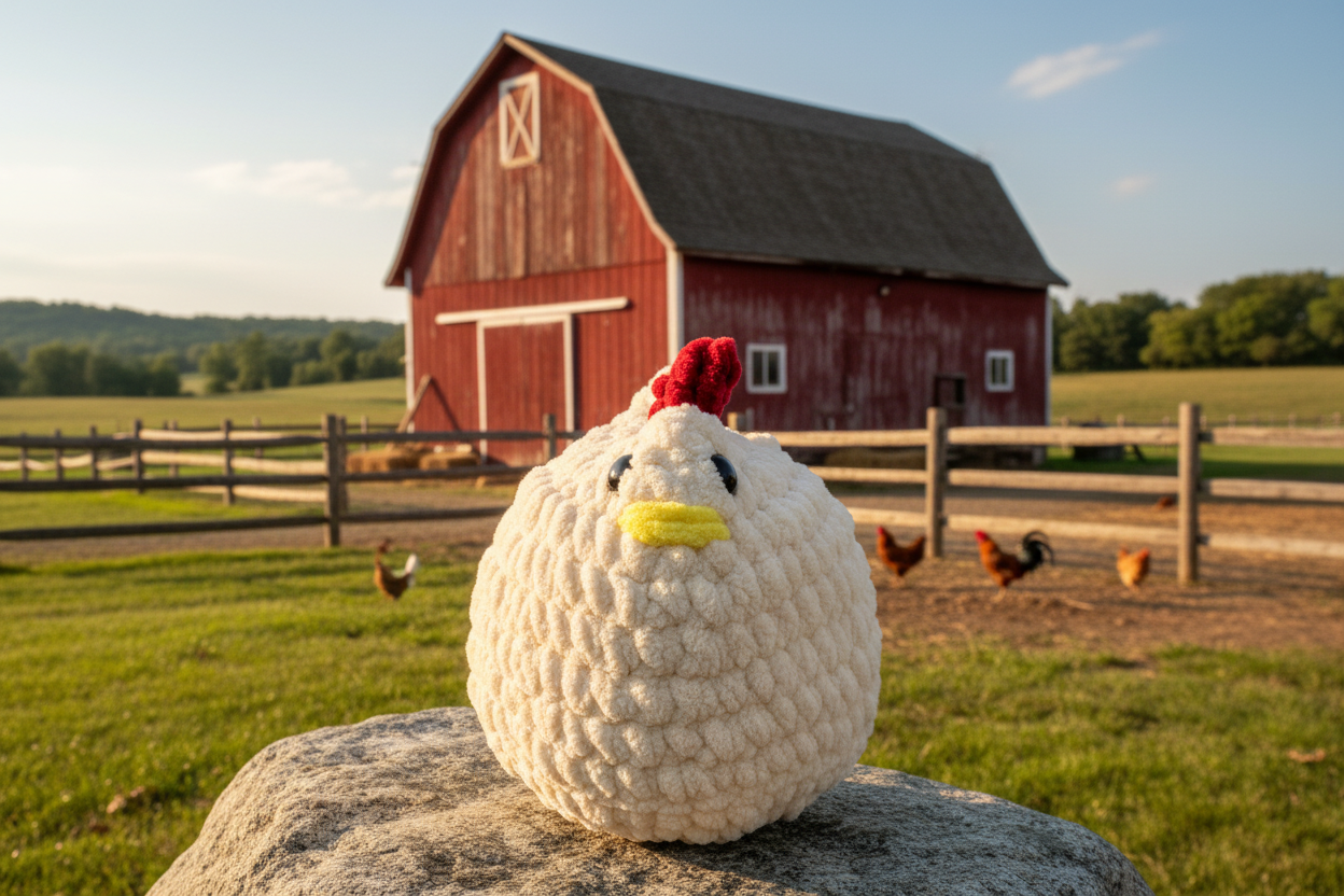 Crochet Chicken - Cream with Farm Background