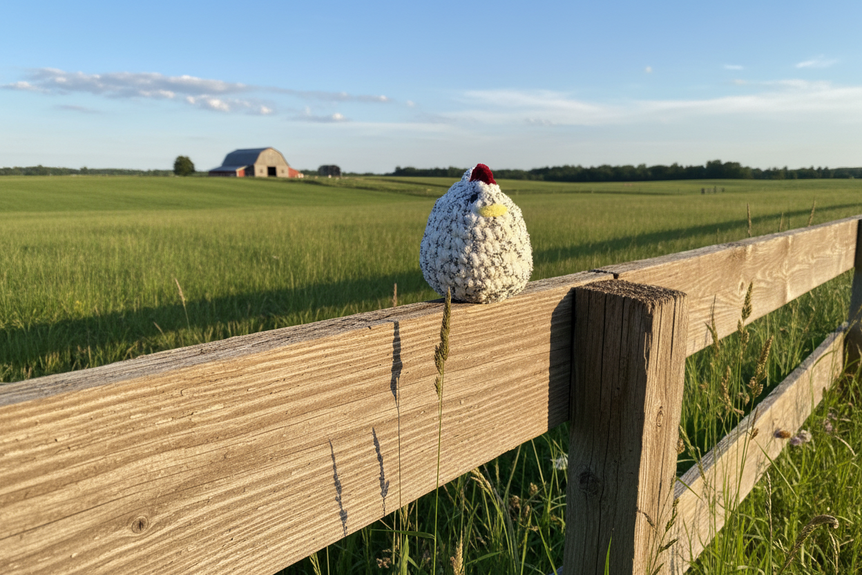 Crochet Chicken with Outdoor Fence Background