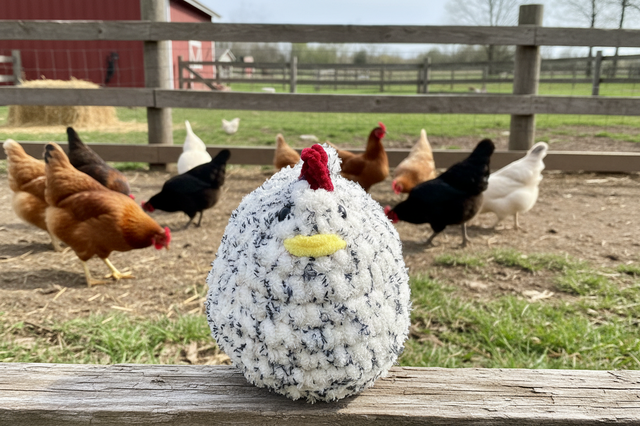 Handmade crochet chicken speckled with real chickens in farmyard background